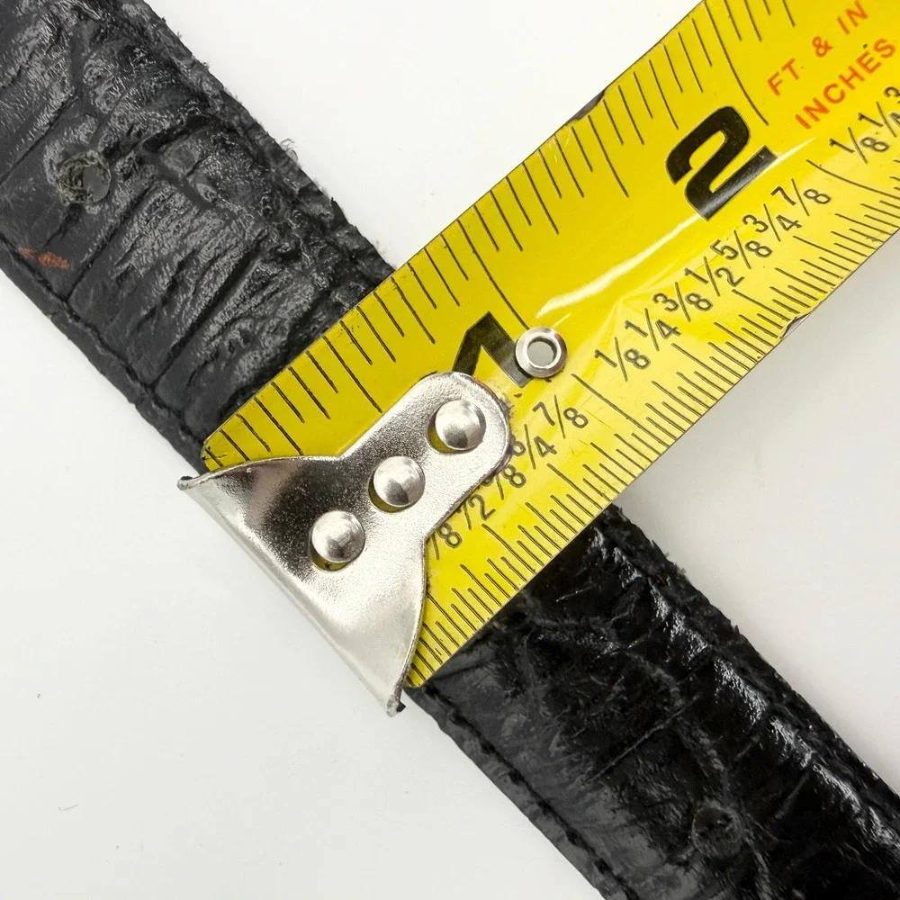 Milos Vintage Italy Black Croc Embossed Leather Art Deco Gold Buckle Belt Small